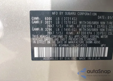 2020 Subaru Ascent Limited from USA, damaged, VIN 4S4WMALD9L3454555